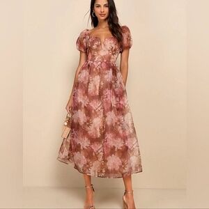 Lulus Lovely Statement Floral Organza Tie Back Puff Sleeve Midi Dress